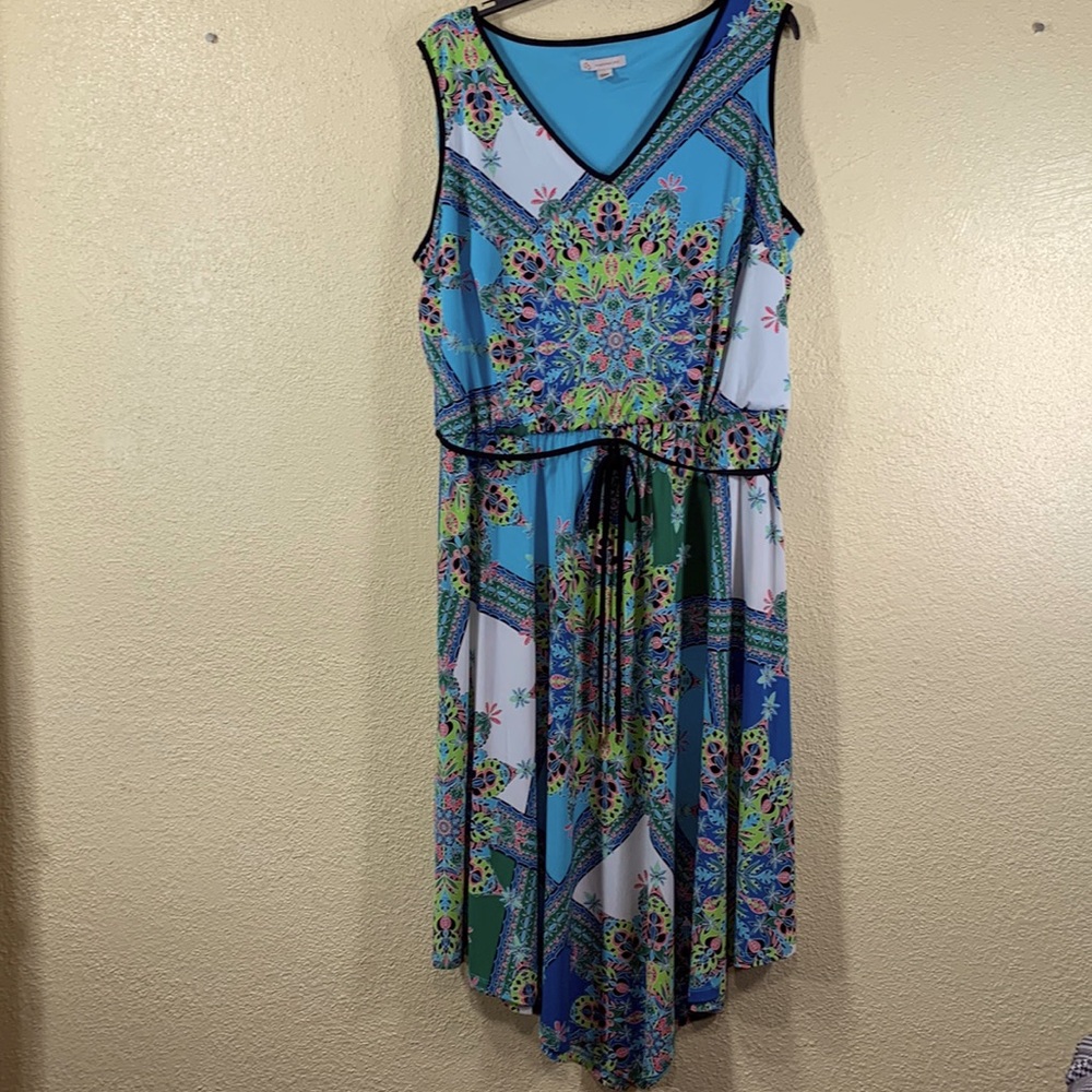 Dressbarn Dress Knit Summer Dress Floral Blue  Green White 18 Handkerchief Hem